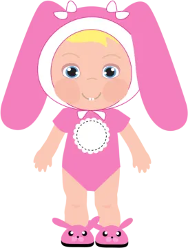 a pink bunny with a white hat and pink shoes