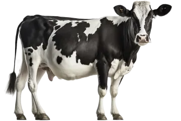 a black and white cow standing in front of a white background