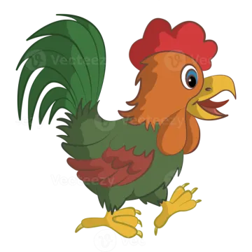 a cartoon chicken with red and yellow feathers