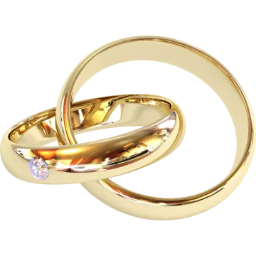 two gold wedding rings with a diamond