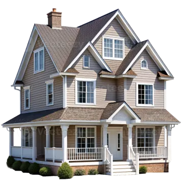 a two story house with white trim and brown roof
