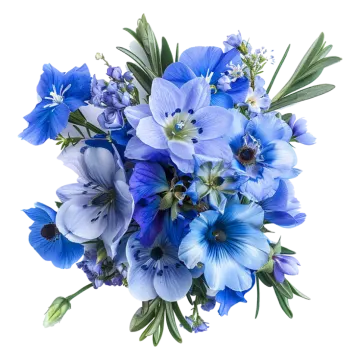a bouquet of blue flowers on a white background