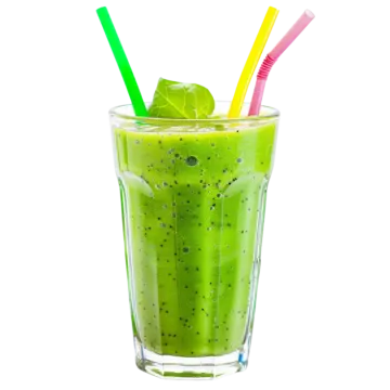 a green smoothie in a glass with two straws