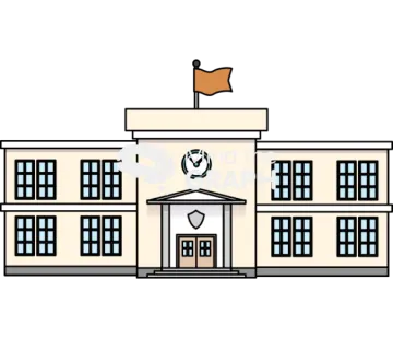 a school building with a flag on top