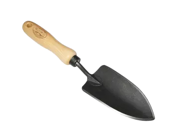 a black shovel with wooden handle