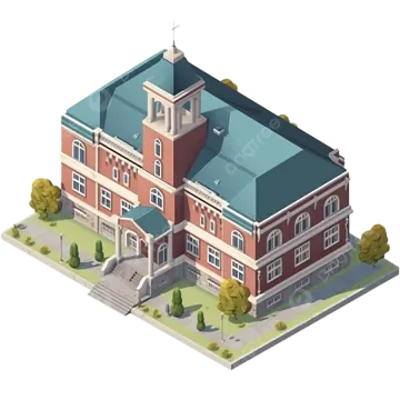 a large red brick building with a blue roof