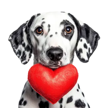 a dog holding a red heart in its mouth