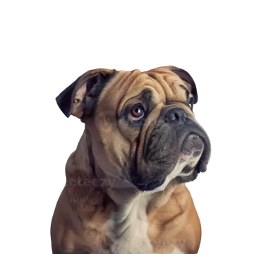 a brown and white dog looking up at the camera