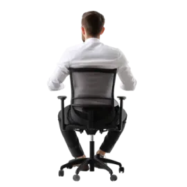 a man in a white shirt is sitting on an office chair