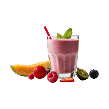 a glass filled with fruit and a straw