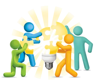 a group of people holding up a light bulb