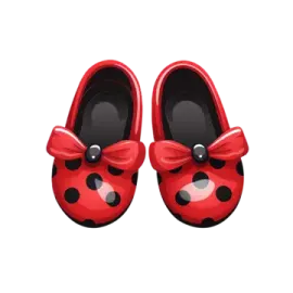 a pair of red shoes with black polka dots on them