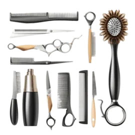 a set of scissors, combs and hairbrushs