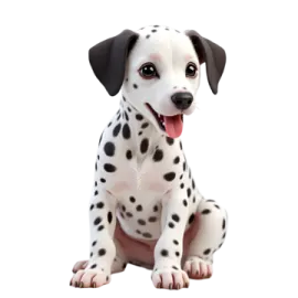 a daly dog sitting down with its tongue out