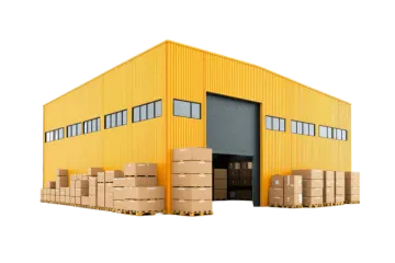 a warehouse with boxes in front of it