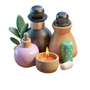 a wooden tray with bottles and candles on it