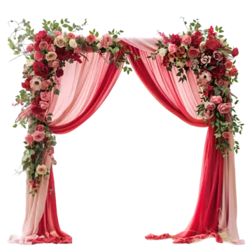 a red and pink wedding arch with flowers