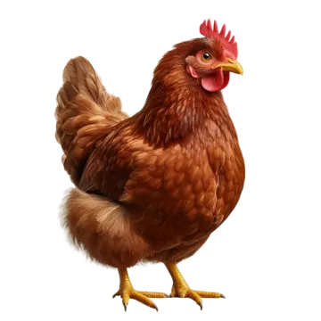 a brown chicken standing on top of a white surface