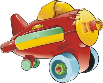 a red toy plane with yellow wheels