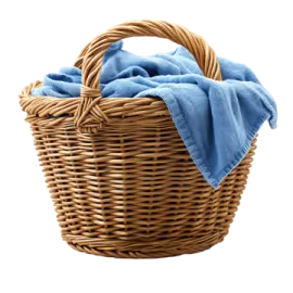 a basket filled with blue towels