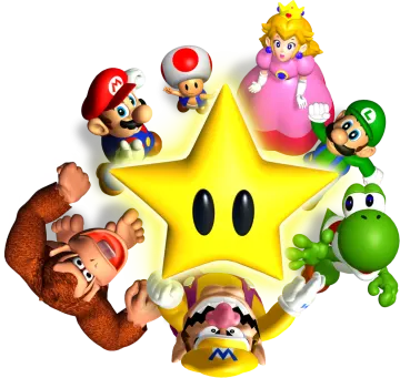 a group of nintendo characters standing around a star