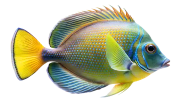 a blue and yellow fish on white background