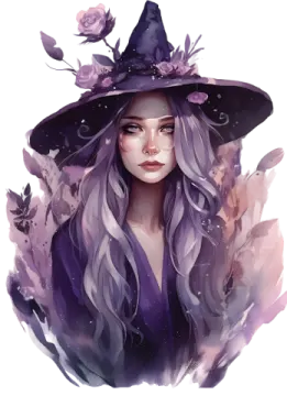 an illustration of a witch with long hair and a hat