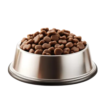 a metal bowl filled with brown dog food
