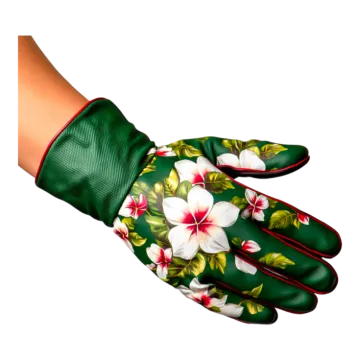 a pair of gardening gloves with flowers on them