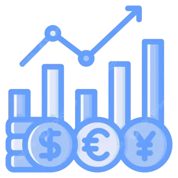 a bar chart with coins and an arrow