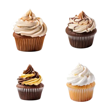 four cupcakes on a white background
