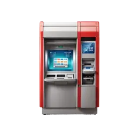a red and gray atm machine