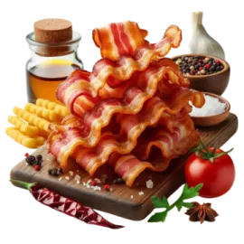 a pile of bacon and french fries on a cutting board