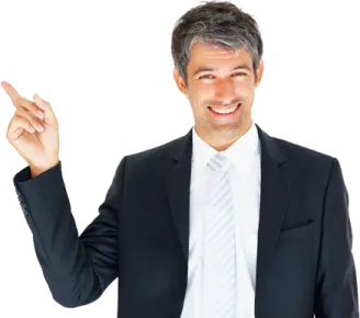 a man in a suit and tie pointing at the camera