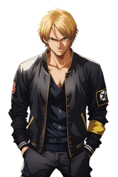 a man with blonde hair wearing a black jacket and black pants