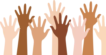 a group of hands raised up in the air