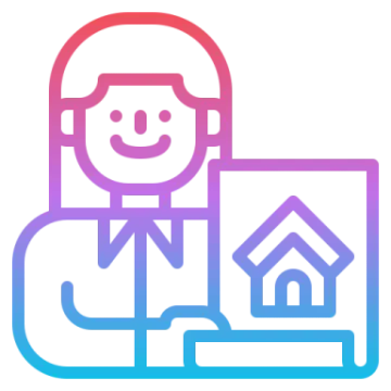 a person holding a laptop with a house in the background