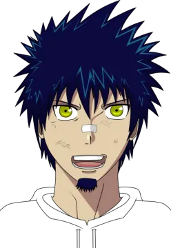 an anime character with blue hair and green eyes