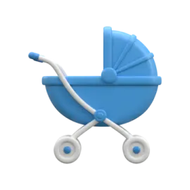 a blue baby stroller with white wheels