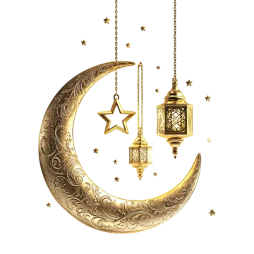 a crescent with a lantern and stars hanging from it