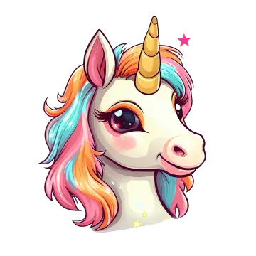 a cartoon unicorn with pink hair and blue eyes