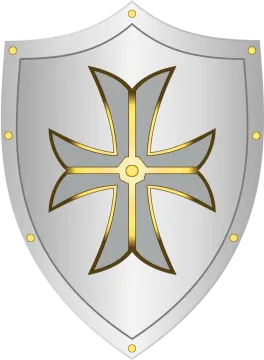 a silver and gold shield with four crosses