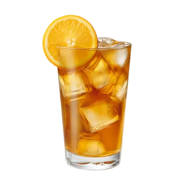 a glass filled with ice and an orange slice