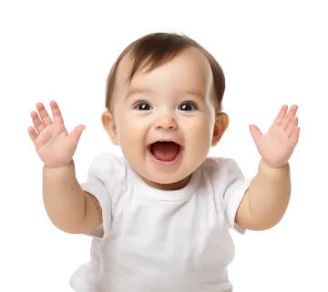 a baby with his hands up in the air