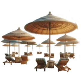 a group of chairs and umbrellas on a beach