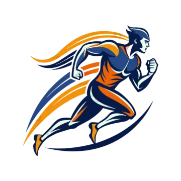 a running man in a blue and orange uniform