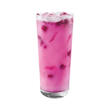 a tall glass filled with a pink drink