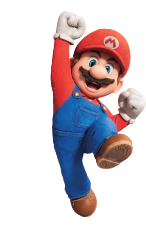 a man in a red hat and blue overalls is jumping