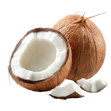 a whole coconut with two pieces cut in half