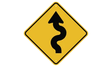 a yellow road sign with a curved curve